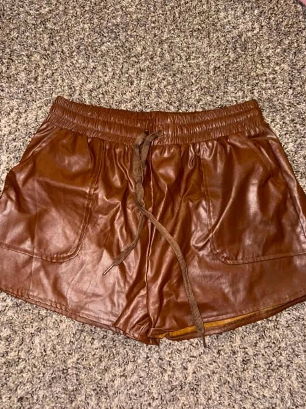 Women's Brown Faux Leather Drawstring Shorts
